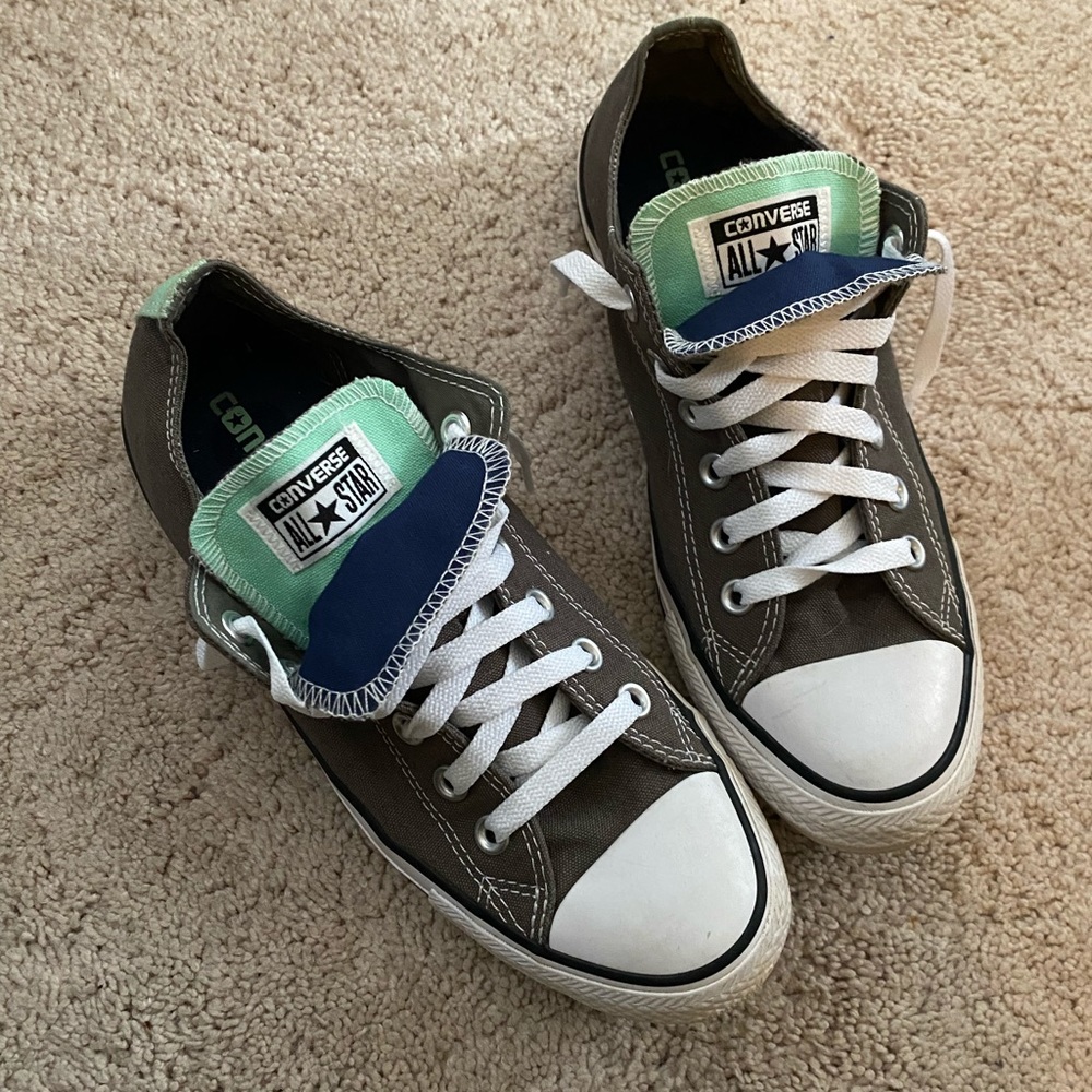 Converse All Star grey shoes with mint and navy accents. Women size 8, Men 6
